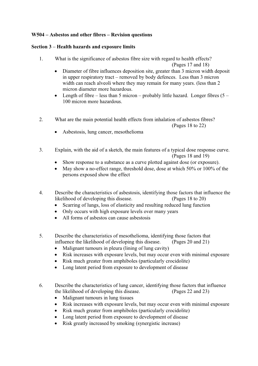 W504 Asbestos and Other Fibres Revision Questions