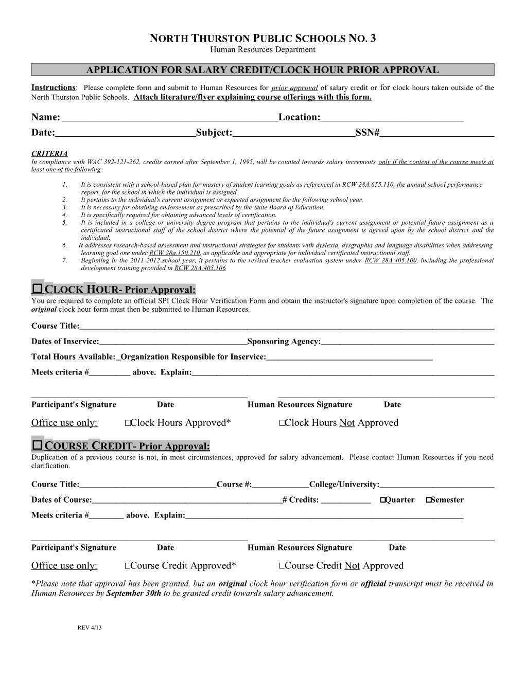 Prior Approval Form for CR/CH