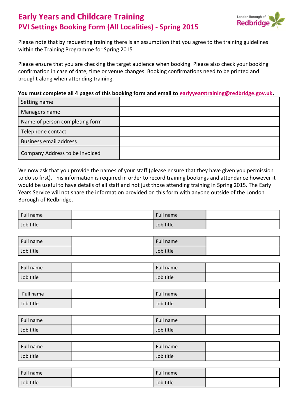 PVI Settings Booking Form (All Localities) - Spring 2015