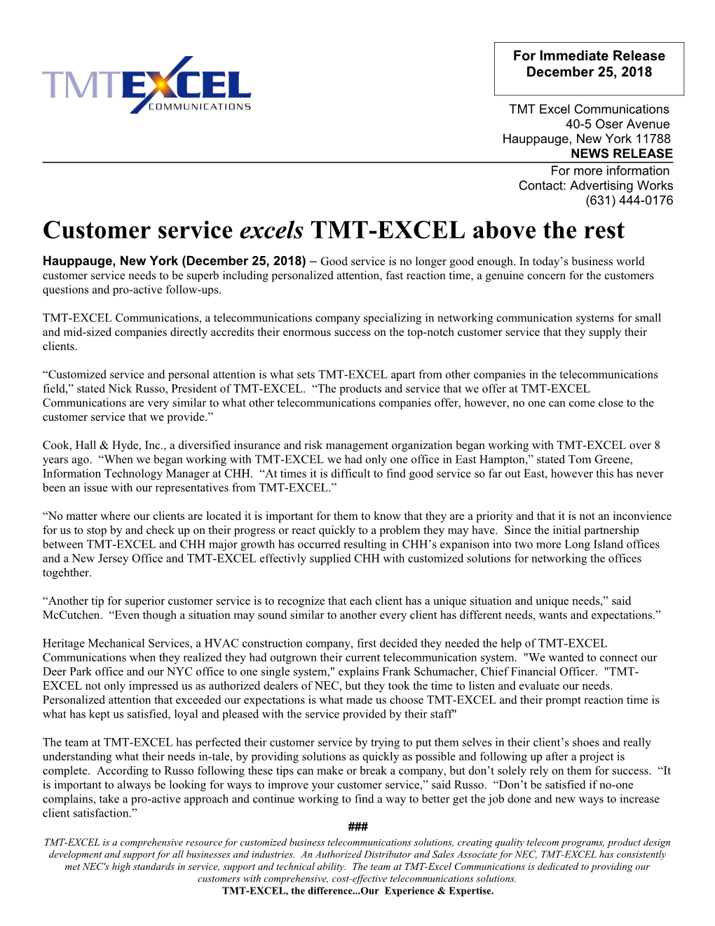 Customer Service Excels TMT-EXCEL Above the Rest