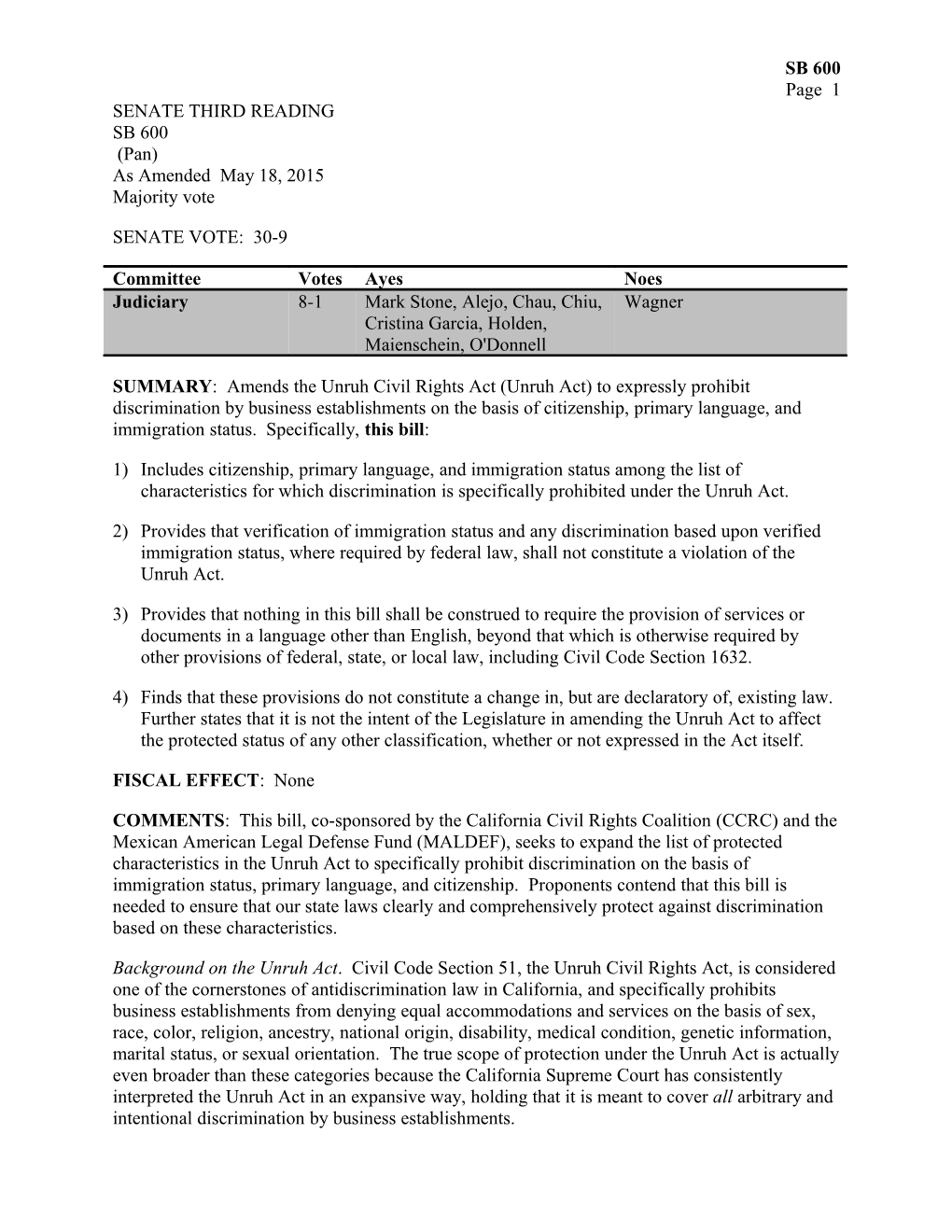 Senate Third Reading Analysis