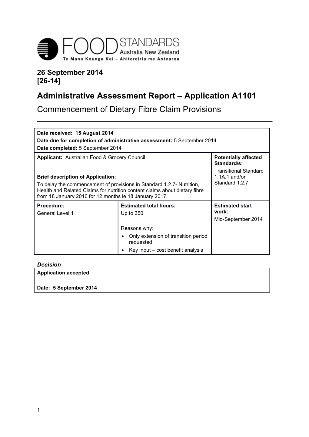 Administrative Assessment Report Application A1101