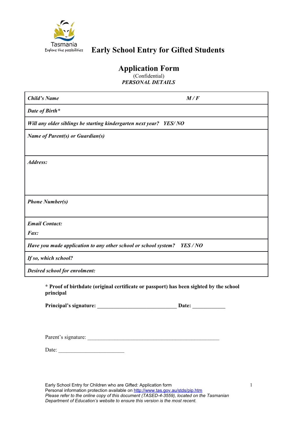 Early School Entry for Gifted Students Application Form