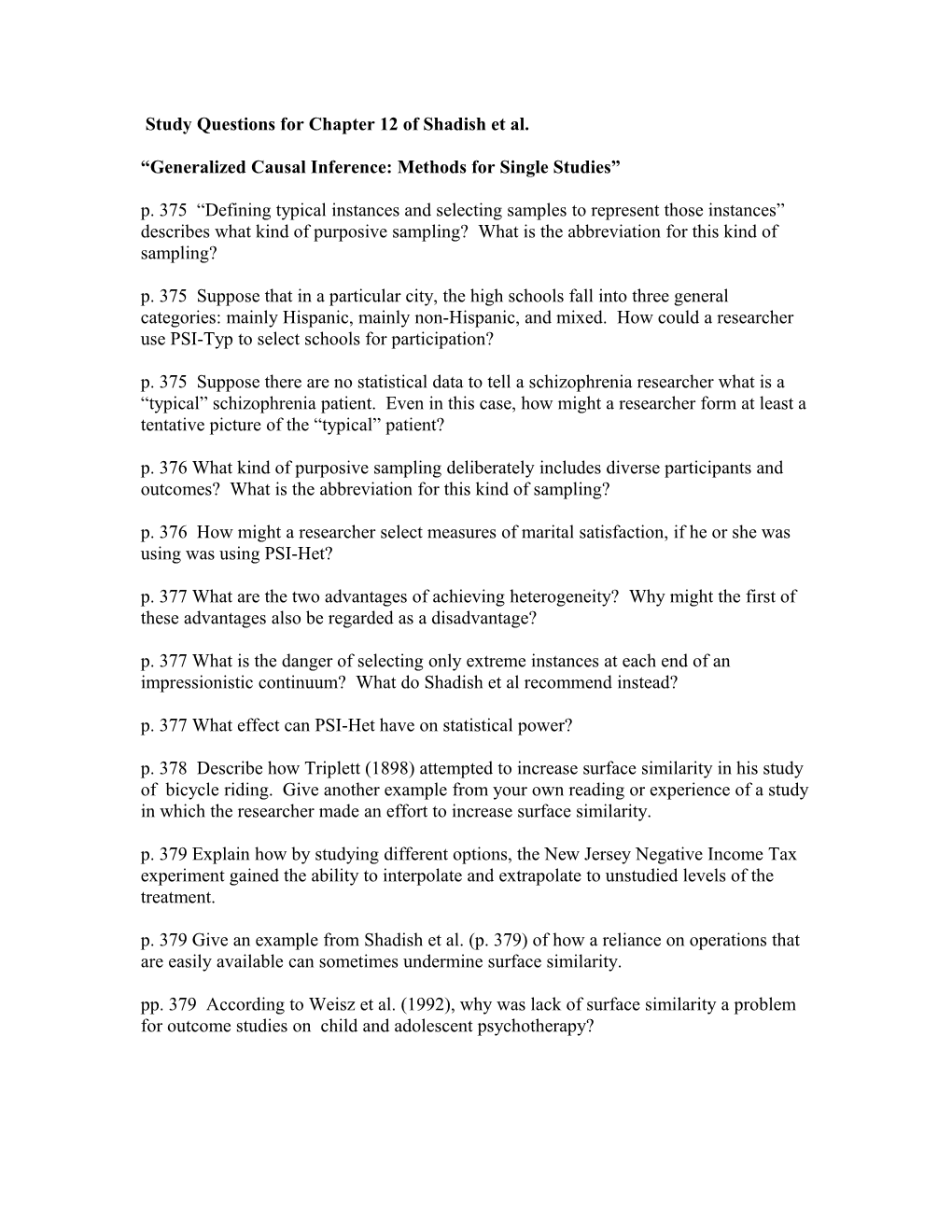 Study Questions for Chapter 4 of Shadish Et Al