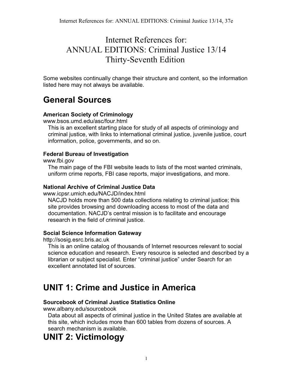 Internet References For:ANNUAL EDITIONS: Criminal Justice 13/14, 37E
