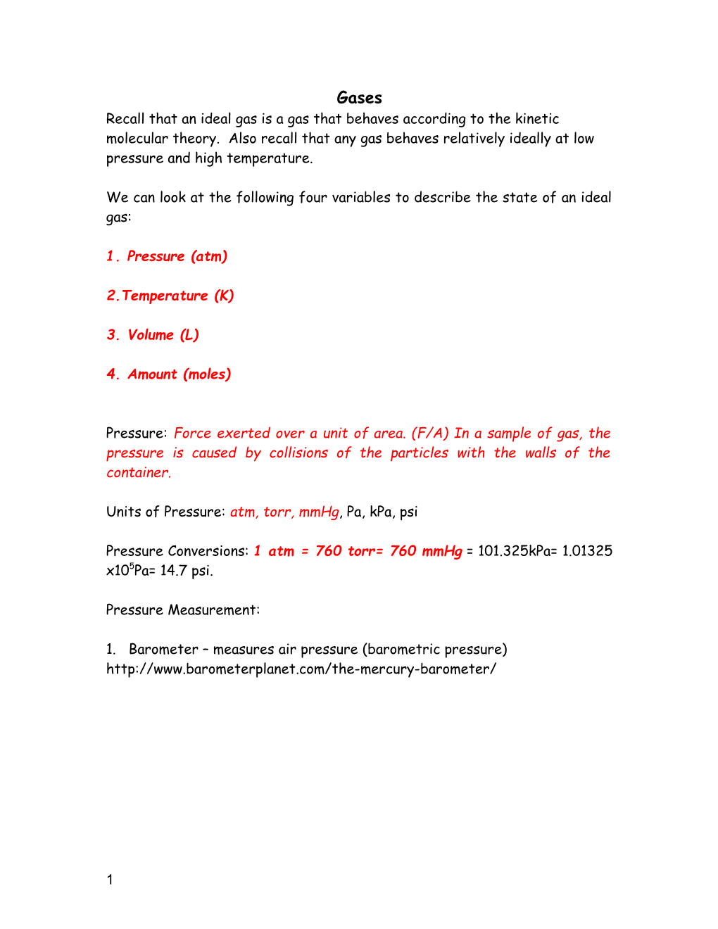 We Can Look at the Following Four Variables to Describe the State of an Ideal Gas