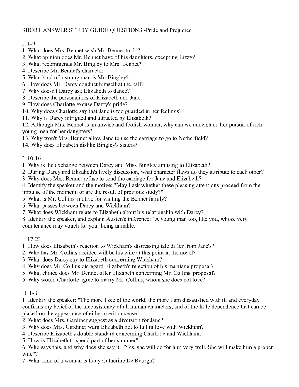 SHORT ANSWER STUDY GUIDE QUESTIONS -Pride and Prejudice