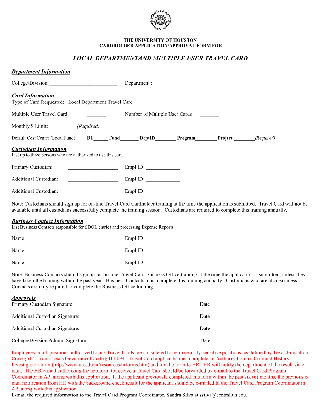Cardholder Application/Approval Form For