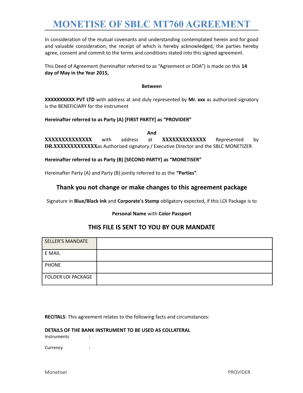 Monetise of Sblc Mt760 Agreement