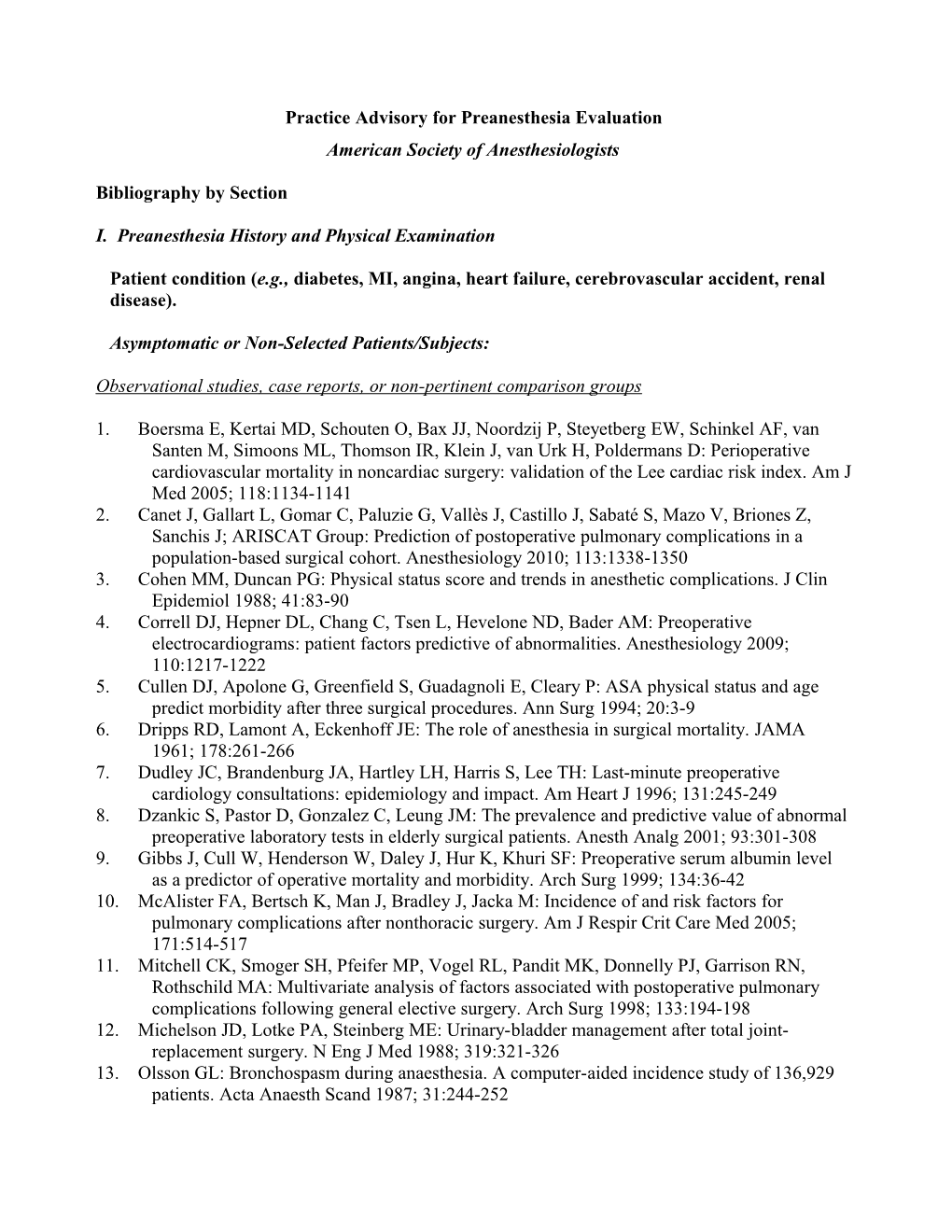 Preanesthesia Evaluation Bibliography