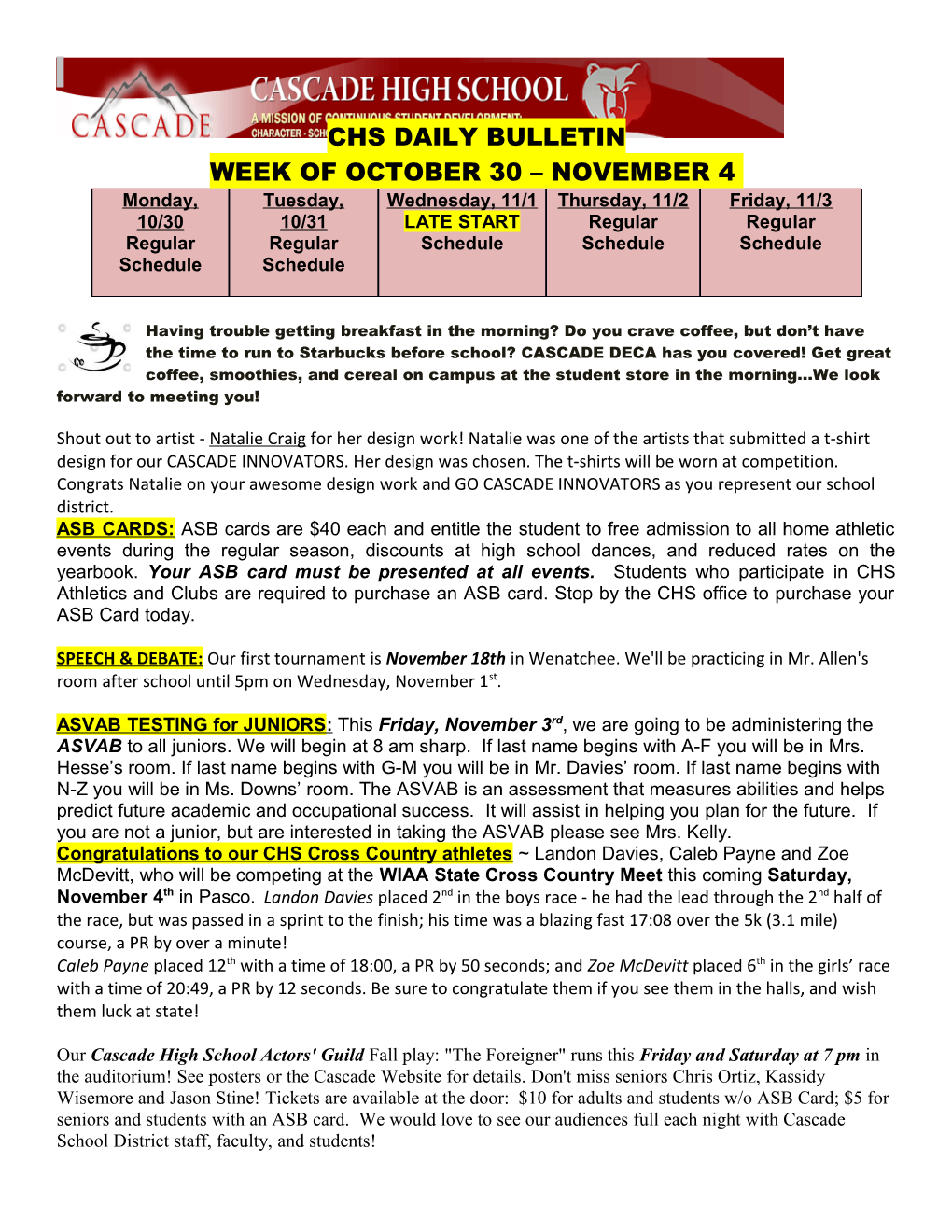 Chs Daily Bulletin Week of October 30 November 4
