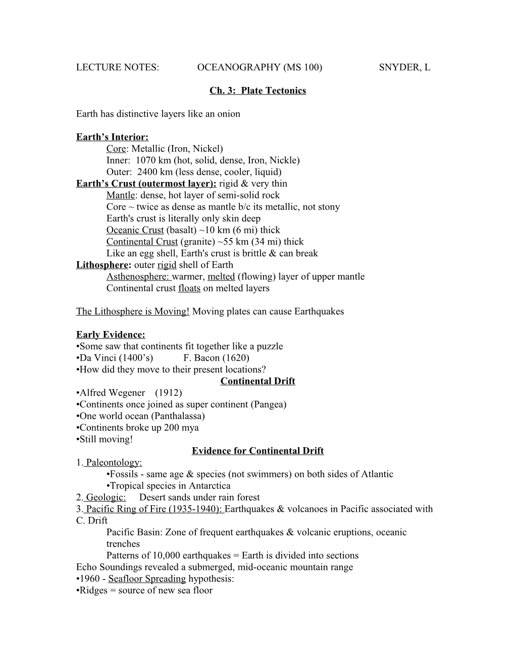 Lecture Notes:Oceanography (Ms 100)Snyder, L