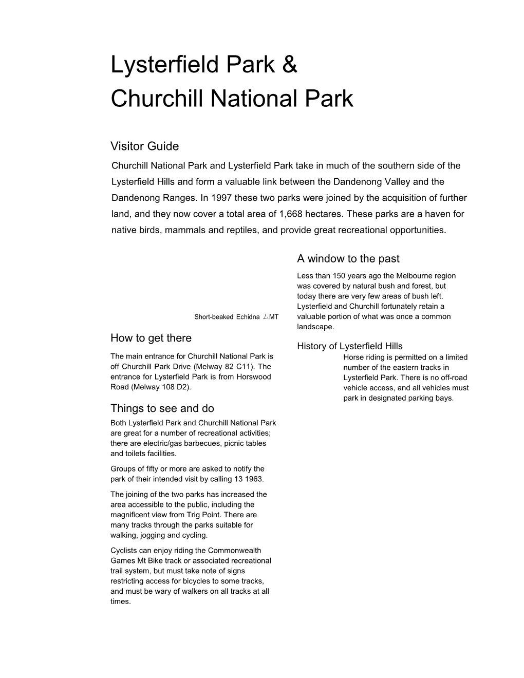 Lysterfield Park and Churchill National Park Visitor Guide