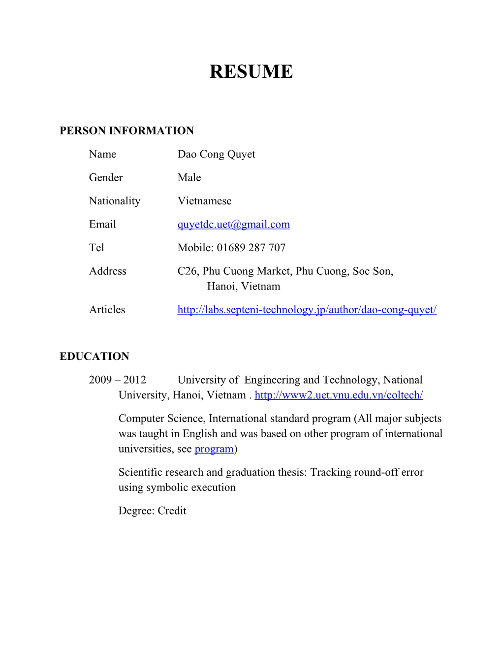 2009 2012University of Engineering and Technology, National University, Hanoi, Vietnam