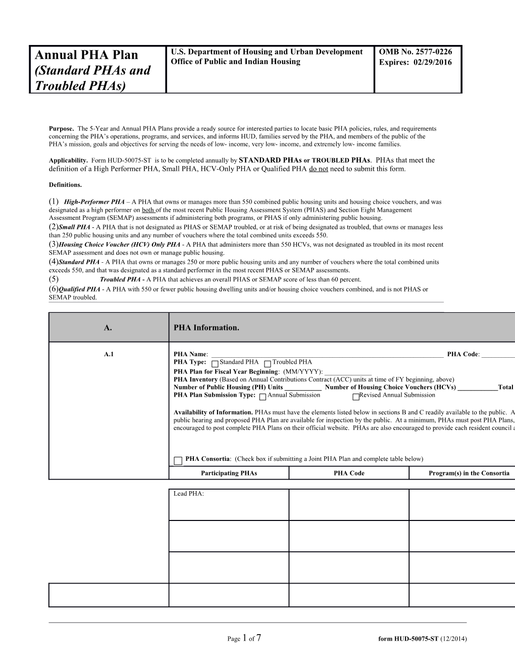 Page 1 of 6 Form HUD-50075-ST (12/2014)
