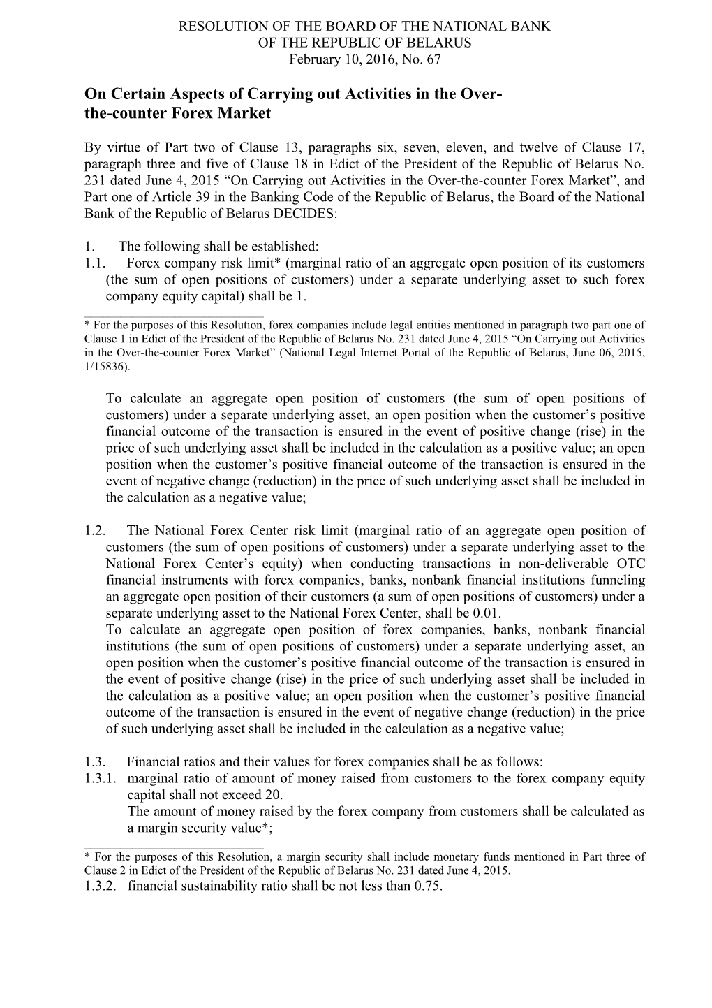 Resolution of the Board of the National Bank of the Republic of Belarus No. 67 February