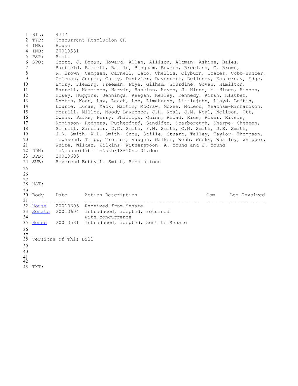 2001-2002 Bill 4227: Reverend Bobby L. Smith, Resolutions - South Carolina Legislature Online