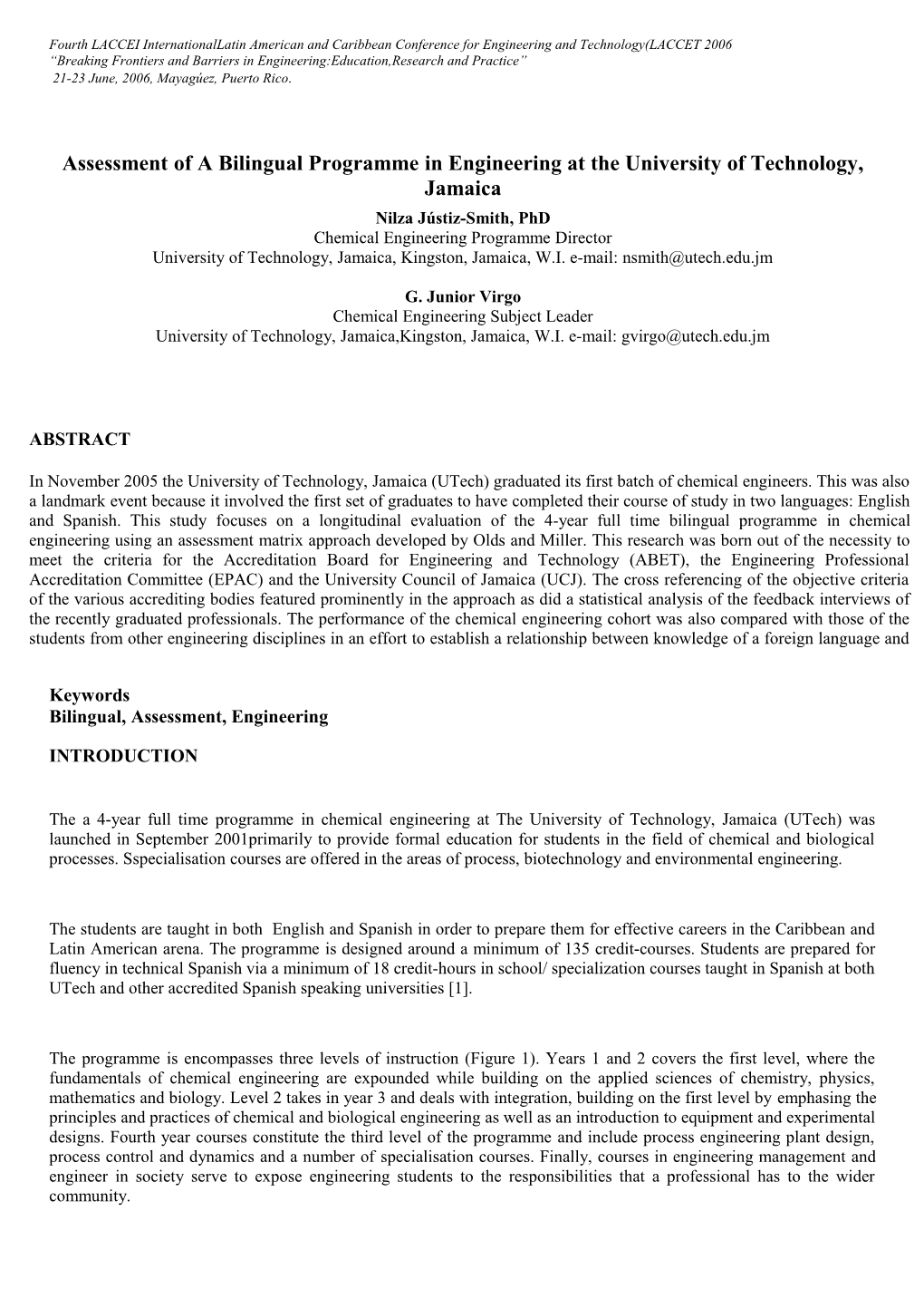 Assessment of a Bilingual Programme in Engineering at the University of Technology, Jamaica