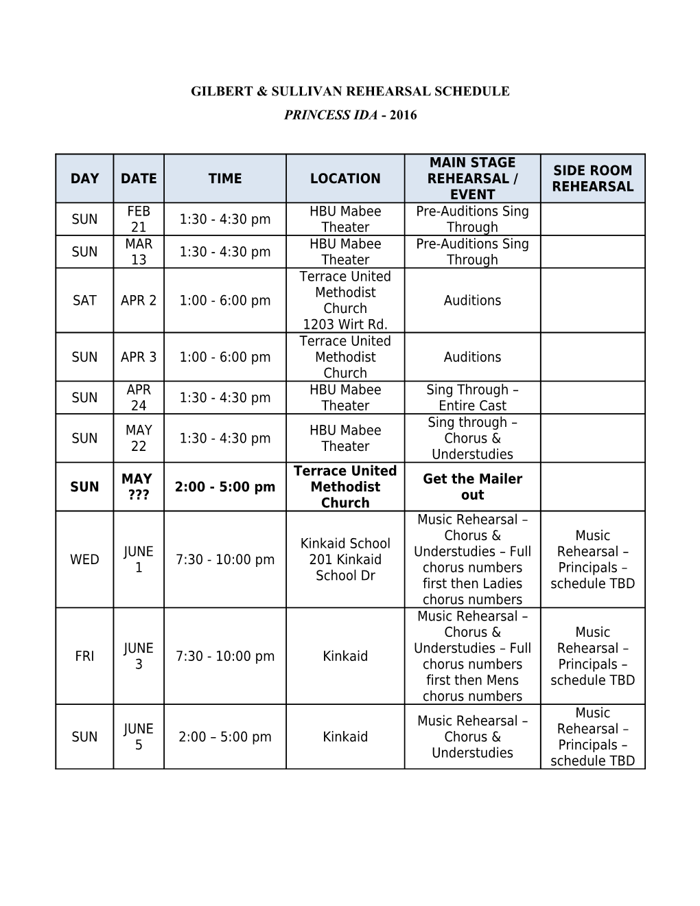 Gilbert & Sullivan Rehearsal Schedule