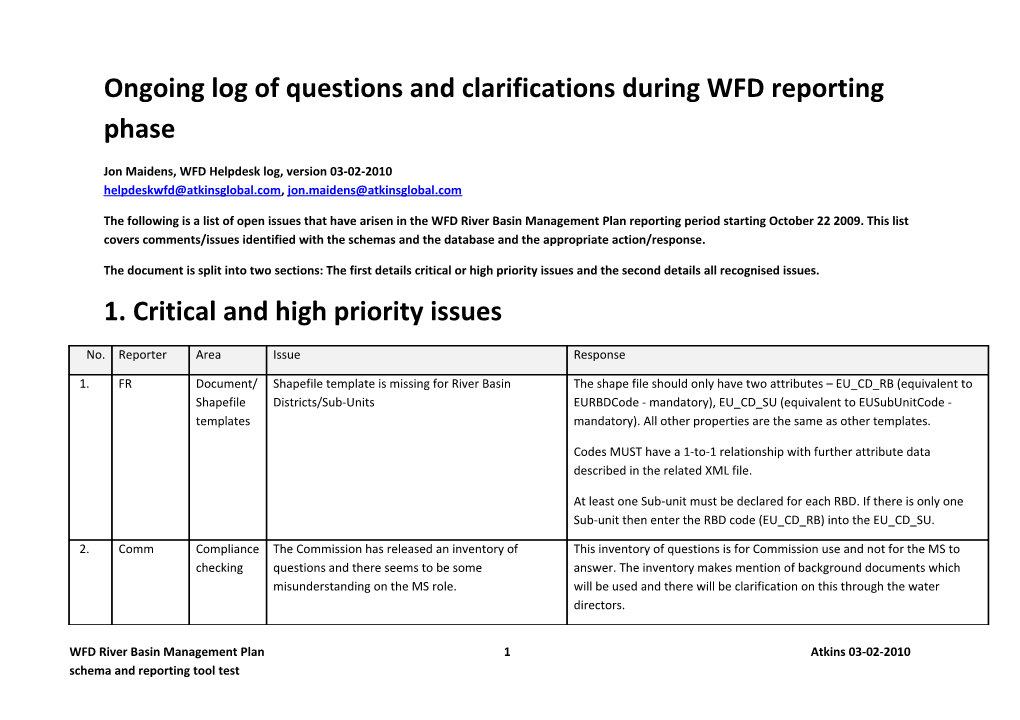 Open Issues to WFD Schemas and Products