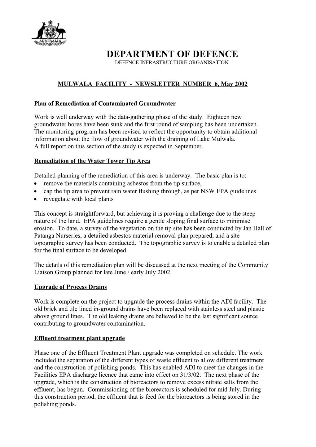 Mulwala Facility - Newsletter Number 5