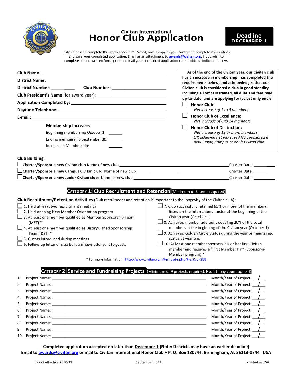 Honor Club Application