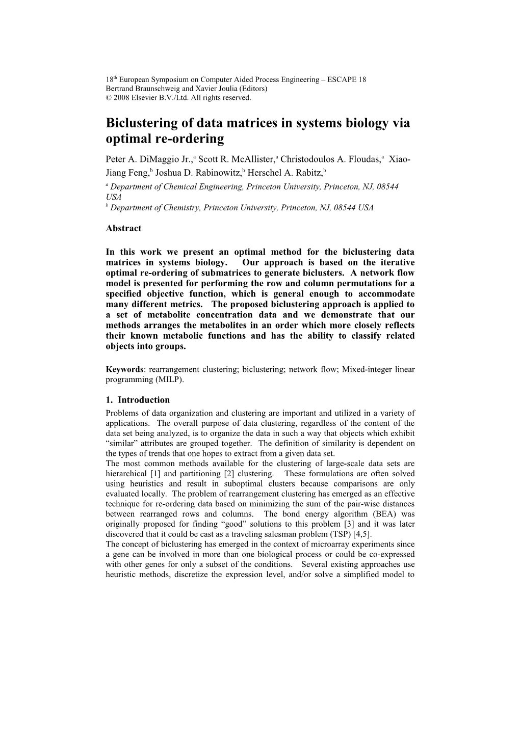 Biclustering of Data Matrices in Systems Biology Via Optimal Re-Ordering