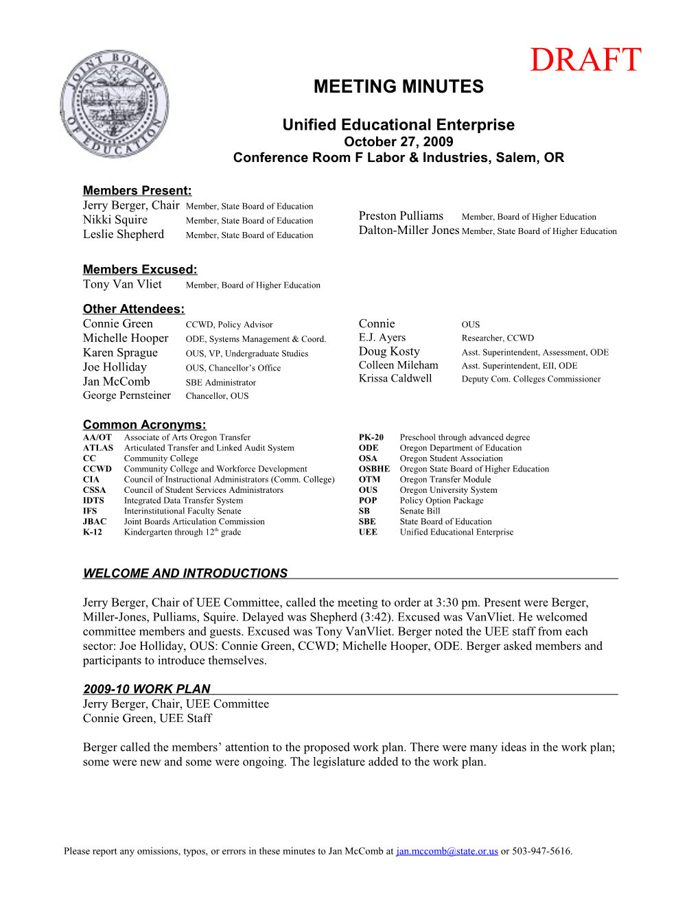 Unified Educational Enterprise Meeting Minutes, October 27, 2009