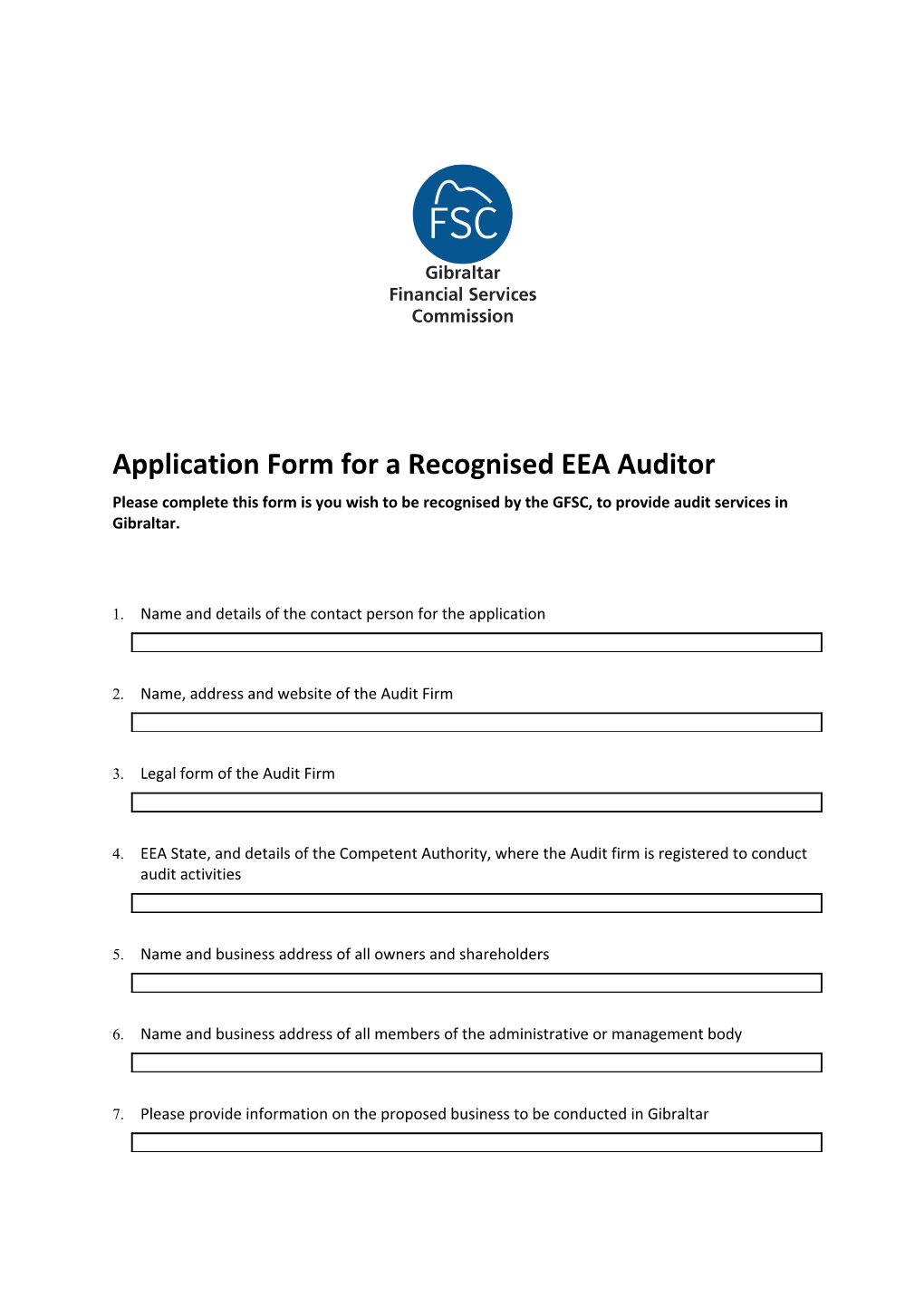 Application Form for a Recognised EEA Auditor