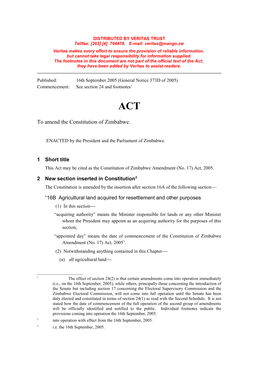 Constitution of Zimbabwe Amendment (No. 17) Actl, 2005 (No. 5 of 2005)