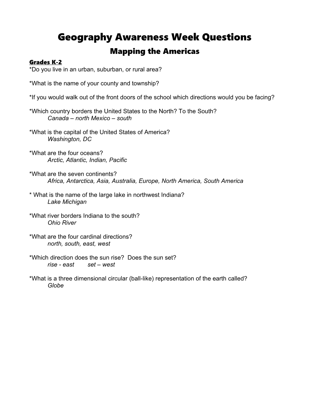 Geography Awareness Week Questions