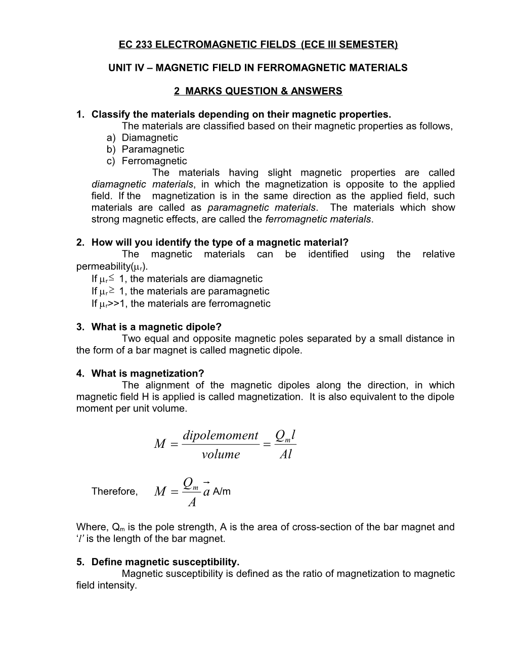 Ec 233 Electromagnetic Fields