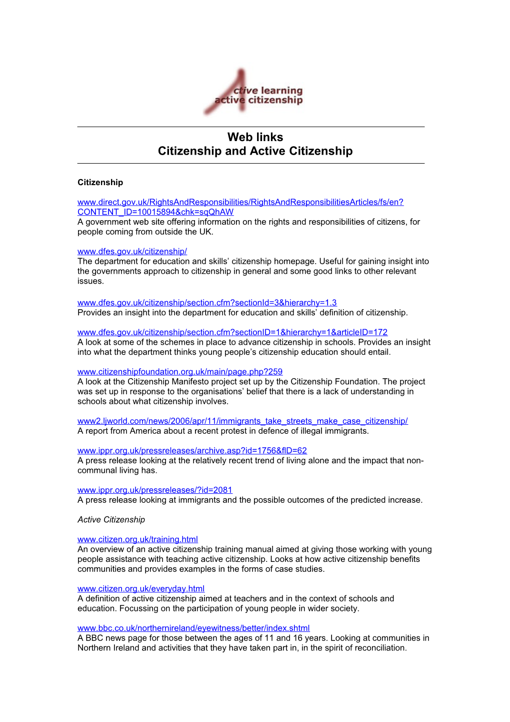 Weblinks on Citizenship and Active Citizenship