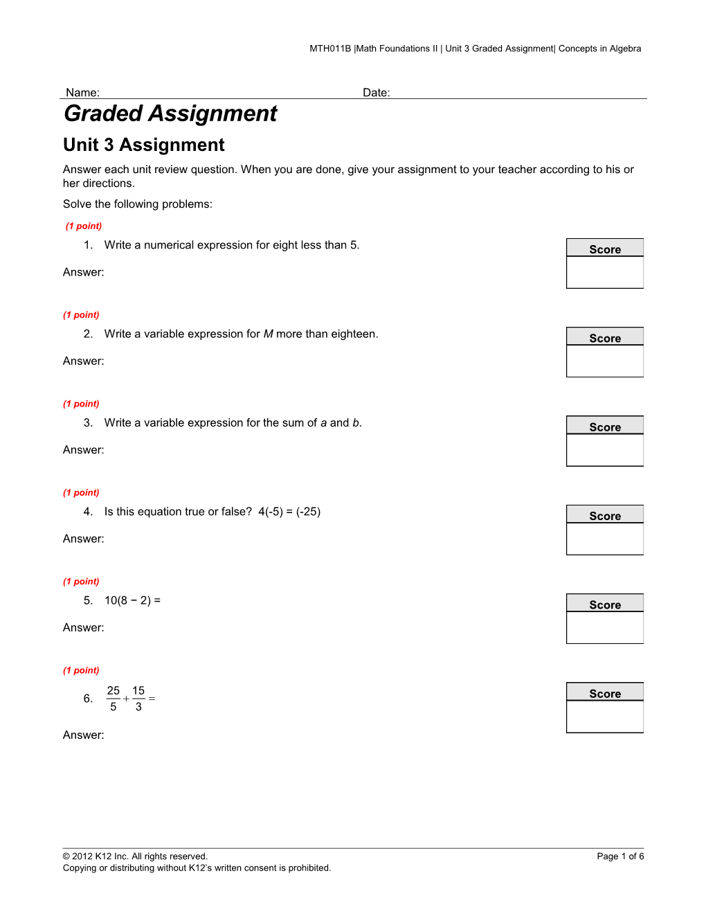 MTH011B Math Foundations II Unit 3 Graded Assignment Concepts in Algebra