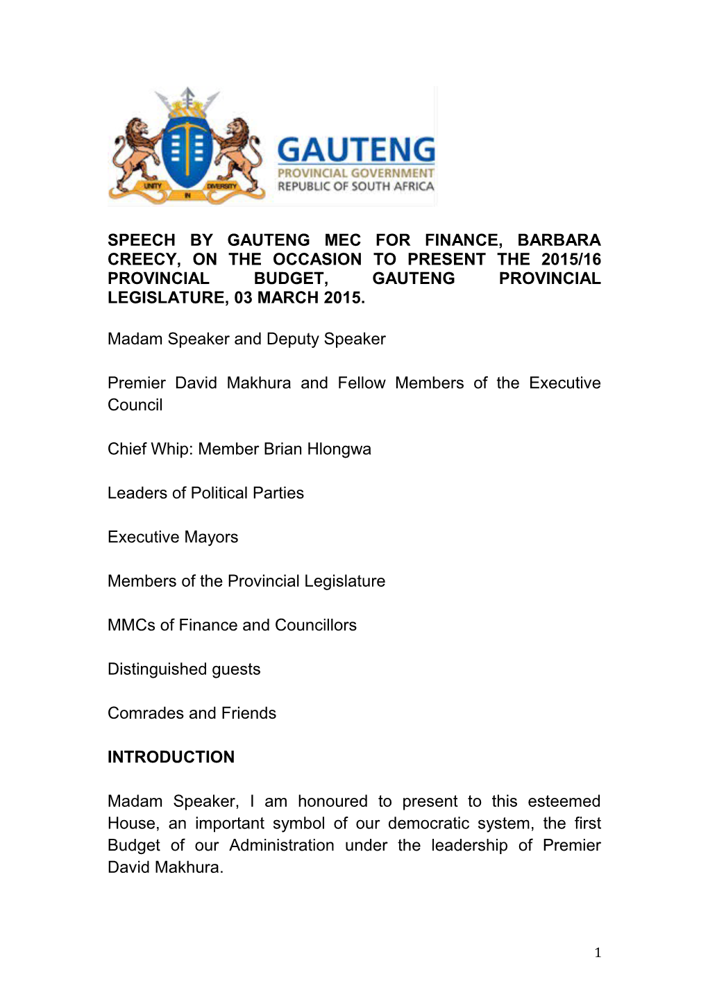 Provincial Budget Speech 2015