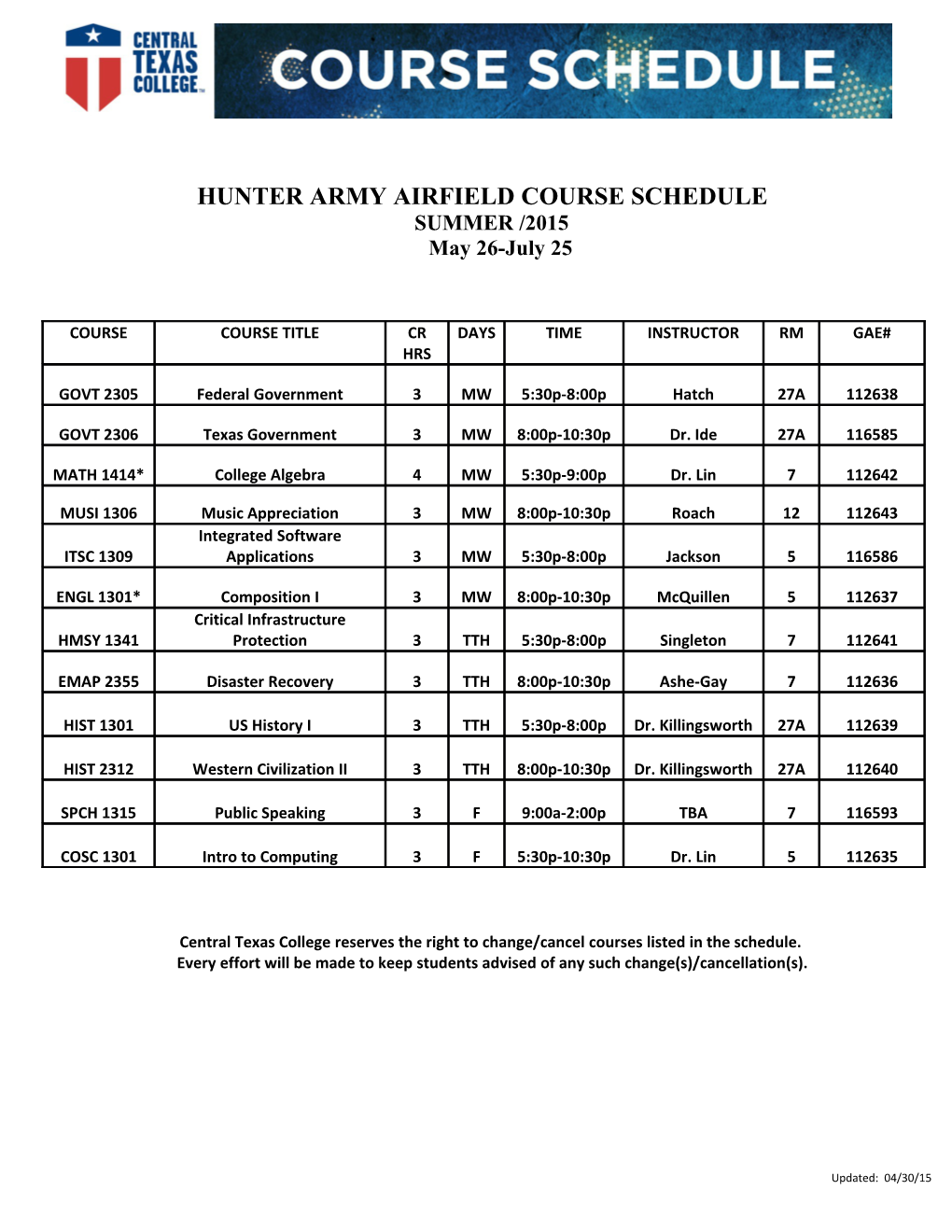Hunter Army Airfieldcourse Schedule