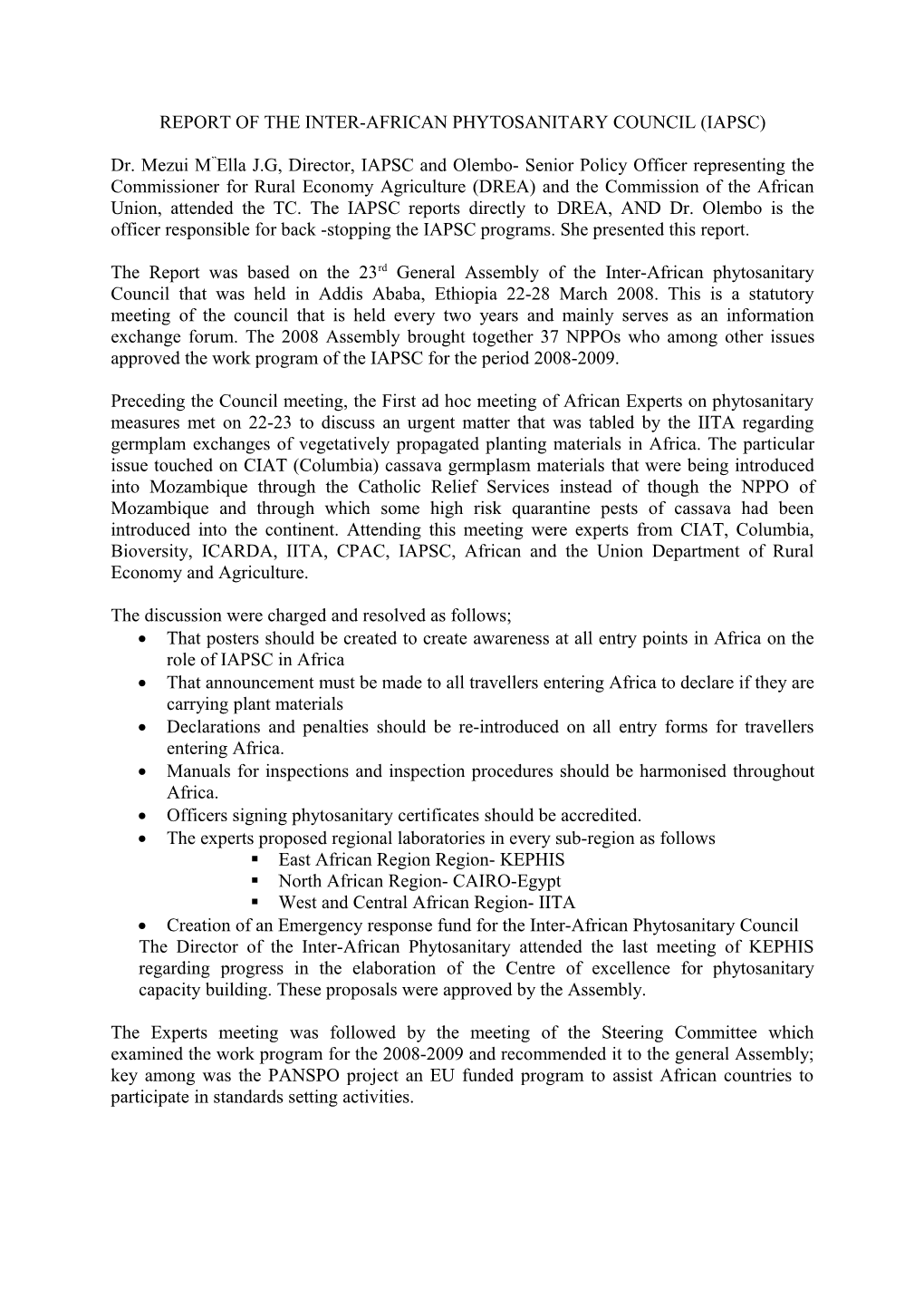 Report of the Inter-African Phytosanitary Council