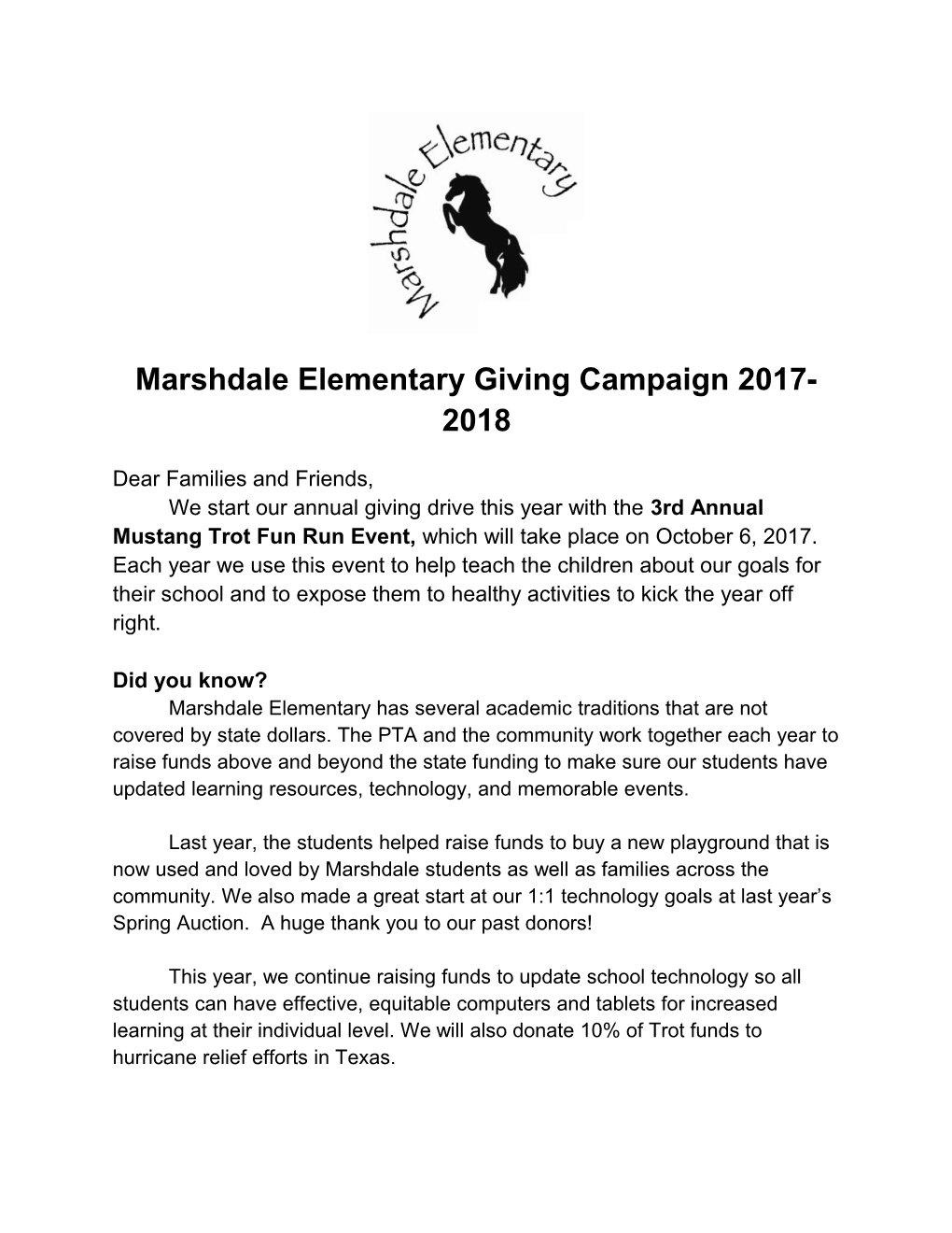 Marshdale Elementary Giving Campaign 2017-2018