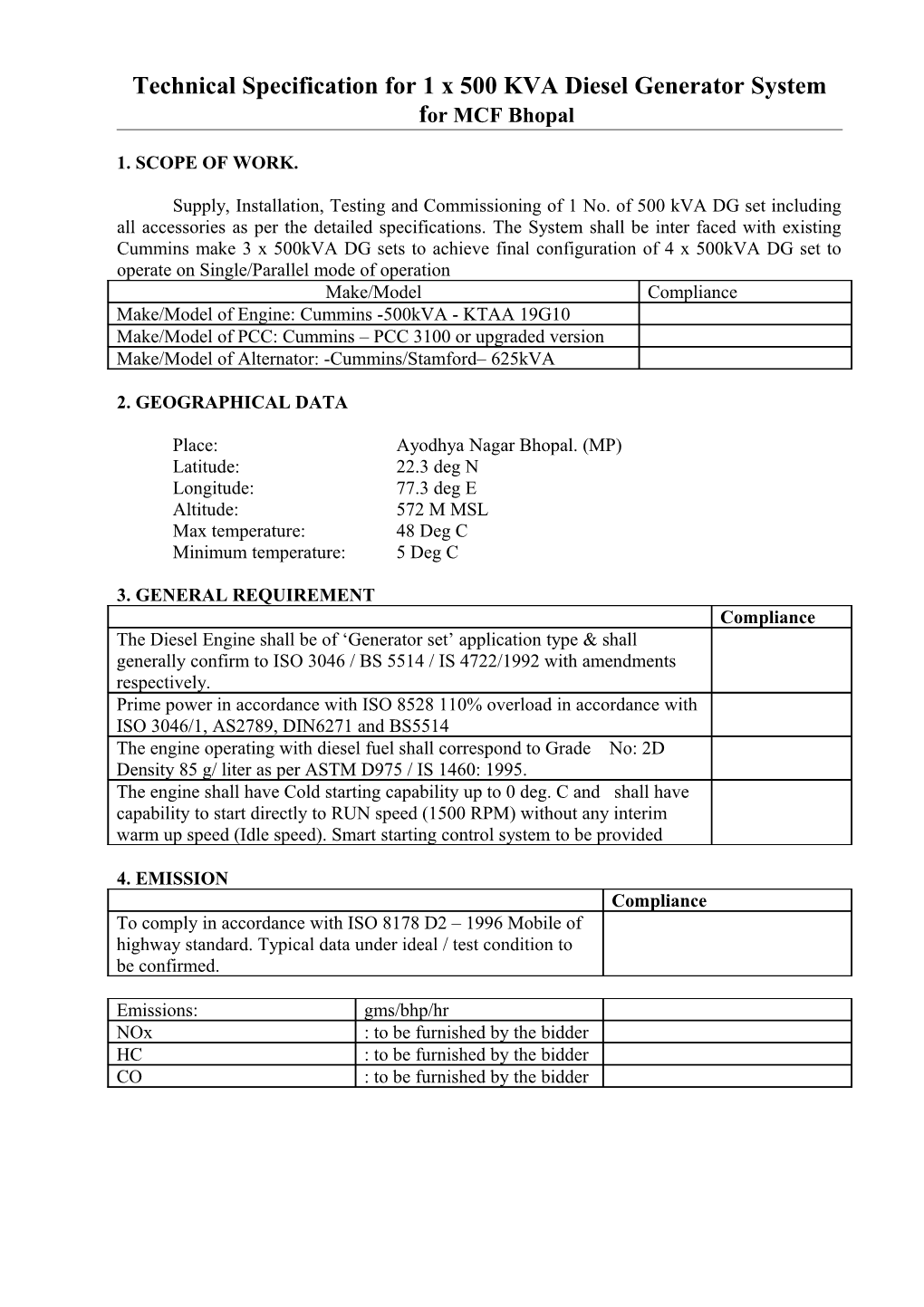 Technical Specification for 1X500 KVA Diesel Generator System for MCF Bhopal