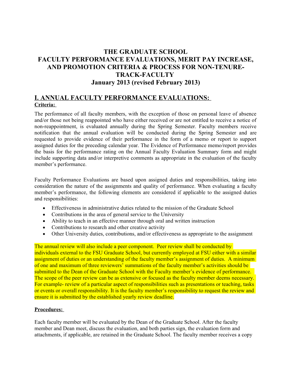 I. Annual Faculty Performance Evaluations