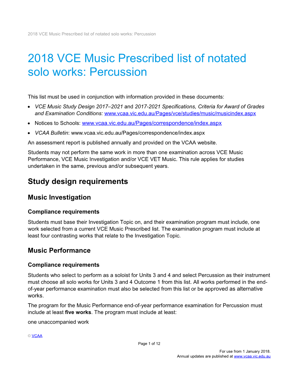 2018 VCE Music Prescribed List of Notated Solo Works: Percussion