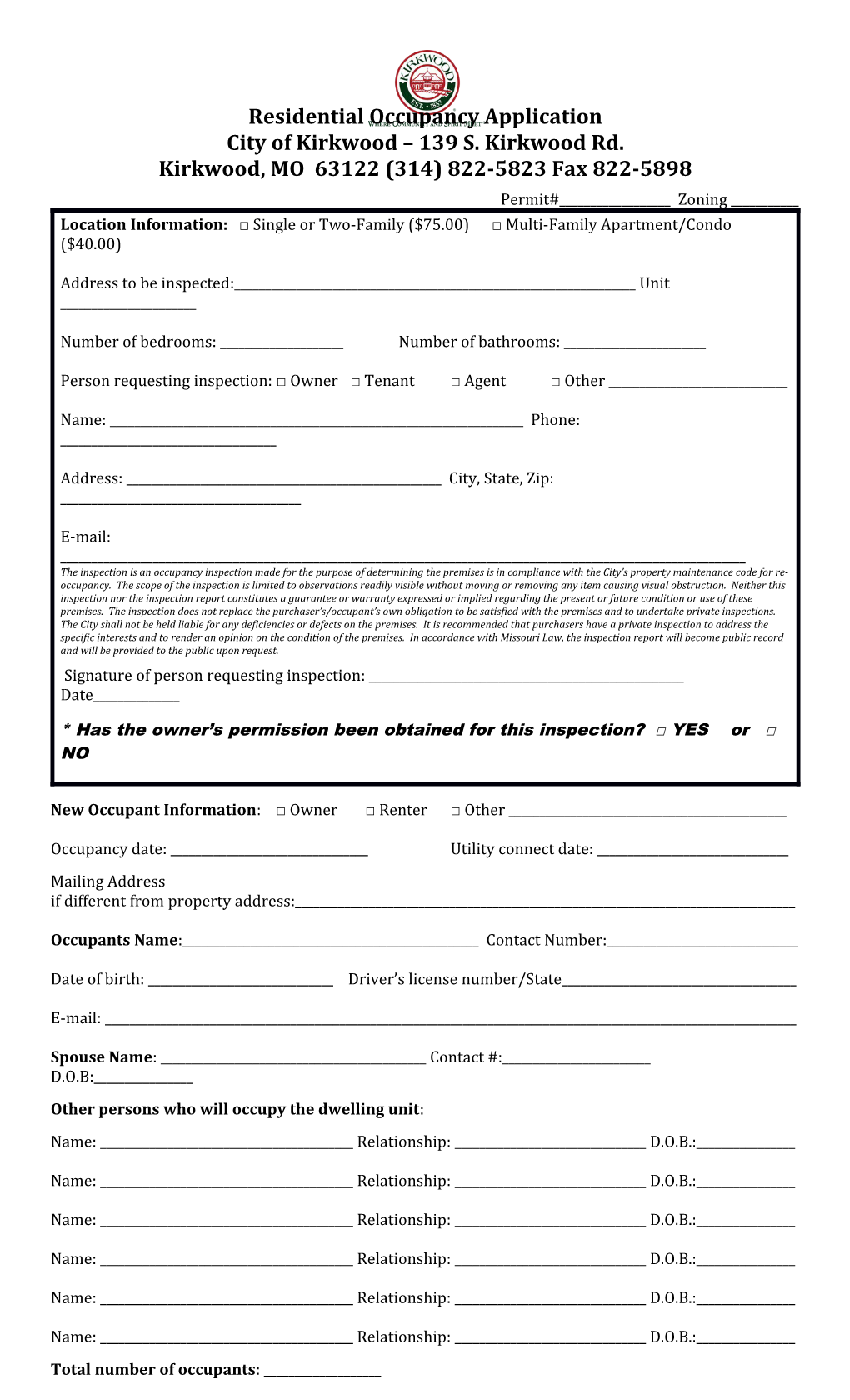 Residential Occupancy Application