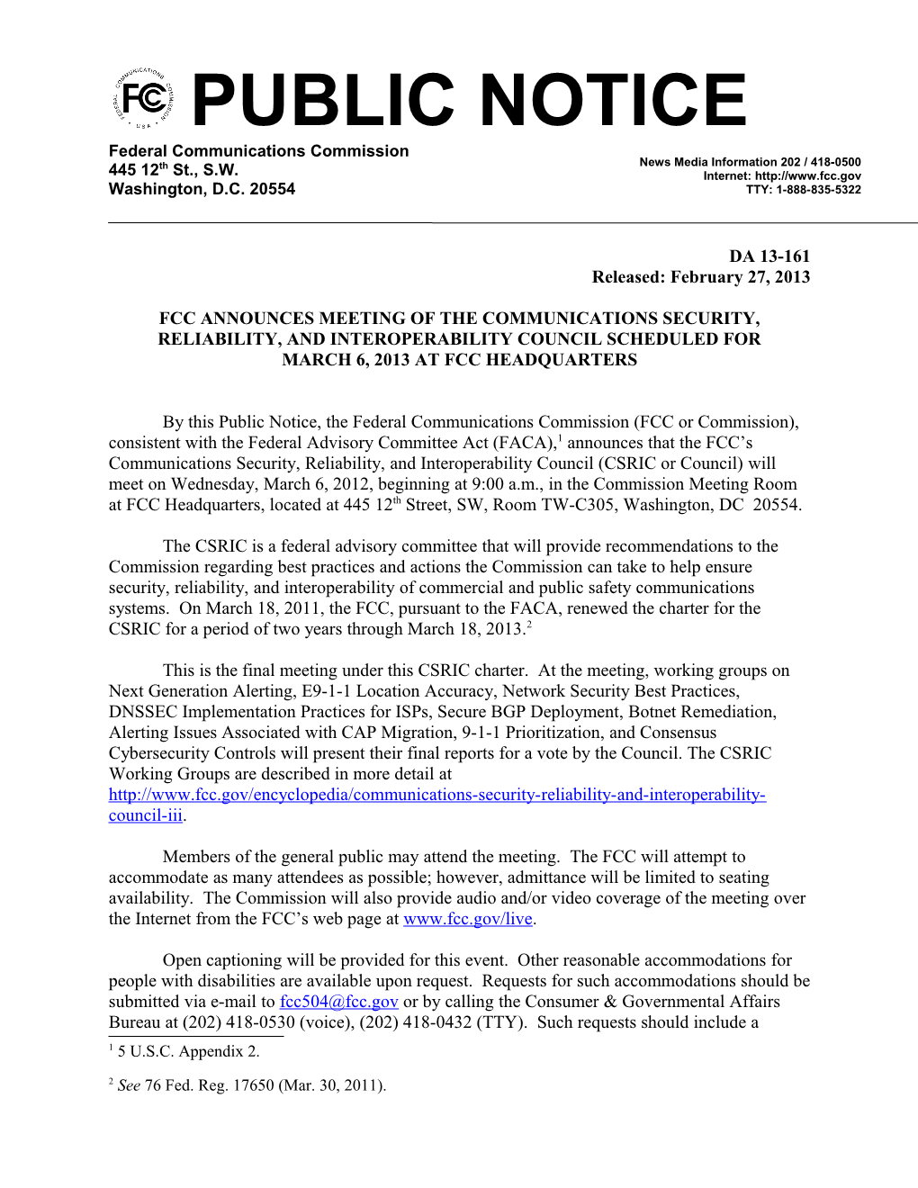 Fcc Announces Meeting of the Communications Security, Reliability, and Interoperability