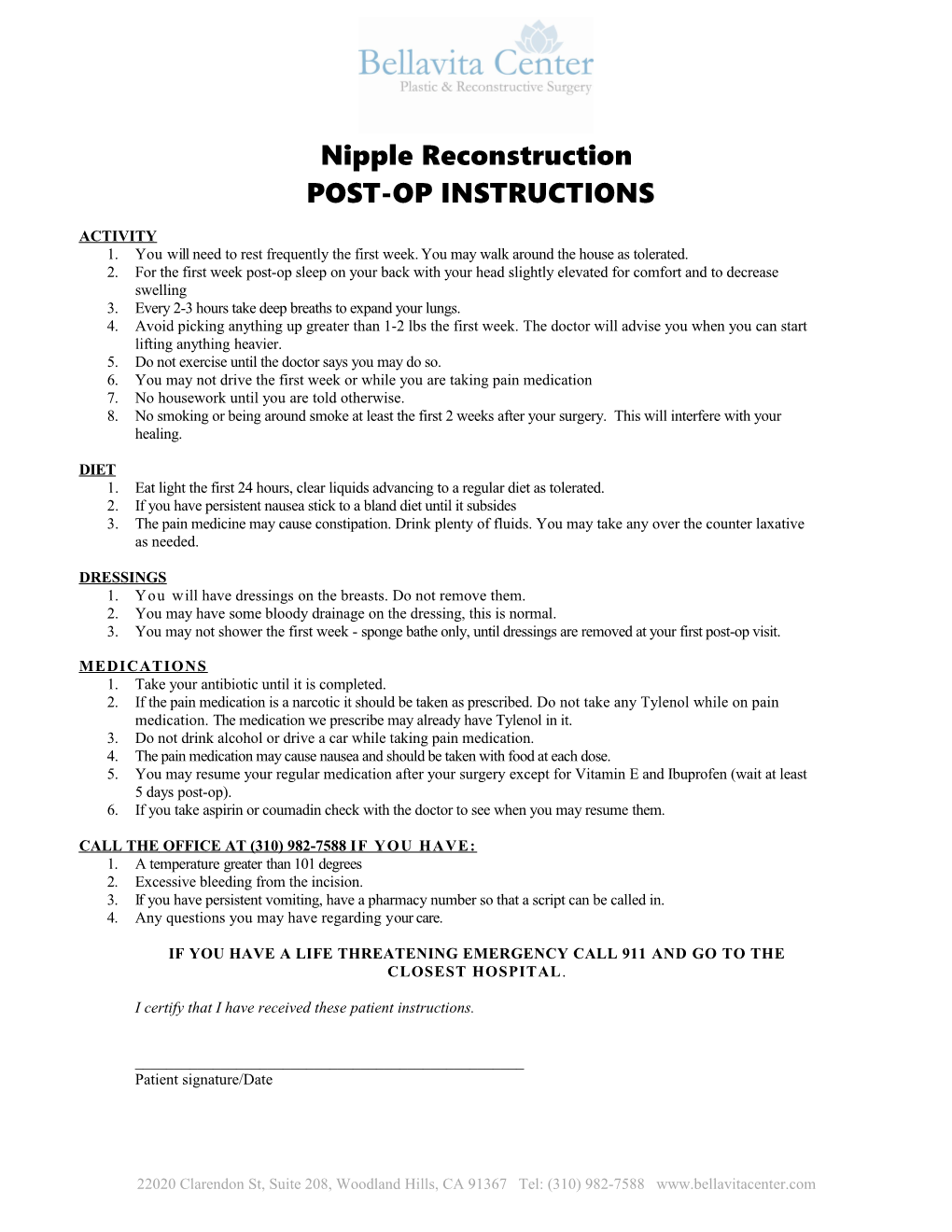 Nipple Reconstruction POST-OP INSTRUCTIONS