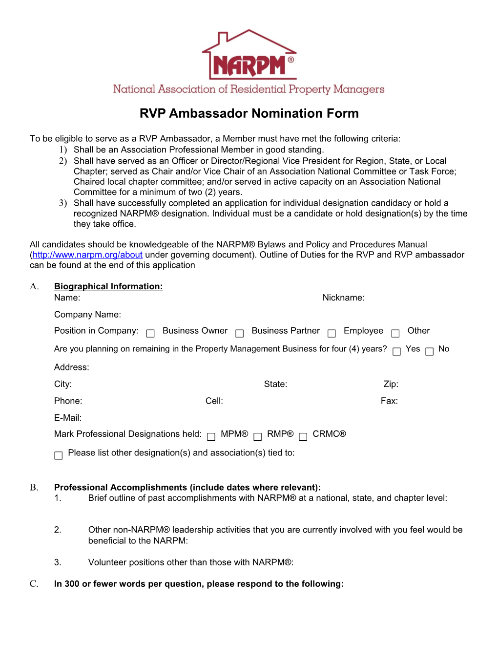 RVP Ambassador Nomination Form