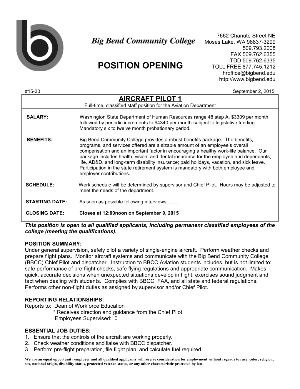 Full-Time, Classified Staff Position for the Aviation Department