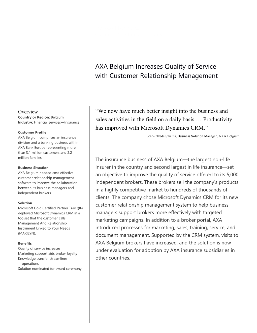 Metia CEP AXA Belgium Increases Quality of Service with Customer Relationship Management