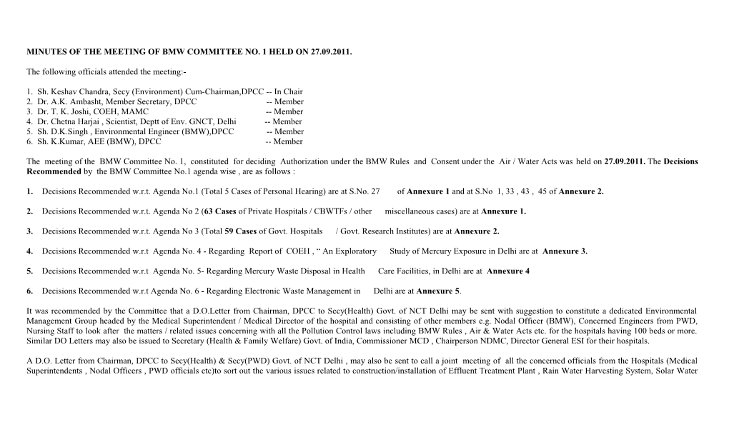 Minutes of the Meeting of Bmw Committee No. 1 Held on 27.09.2011