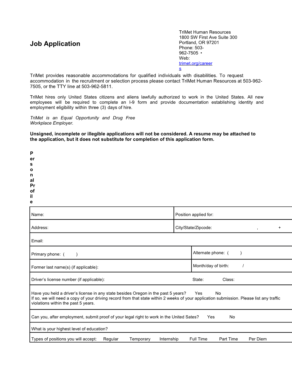 Trimet Application for Employment