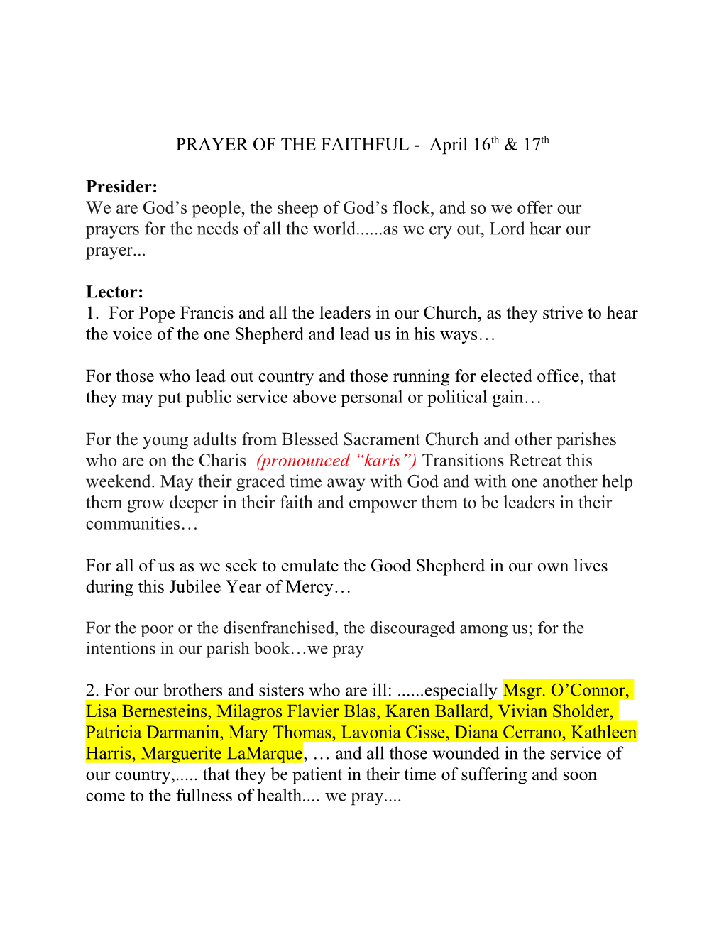 PRAYER of the FAITHFUL - April 16Th & 17Th